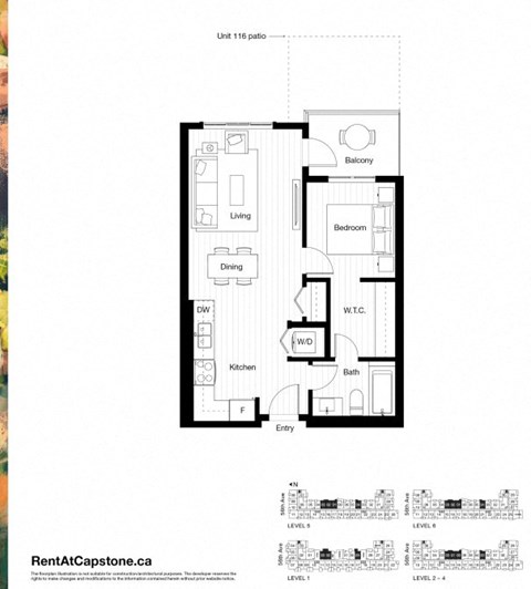 Floor plan for 1 bed, 1 bath, 582 sqft